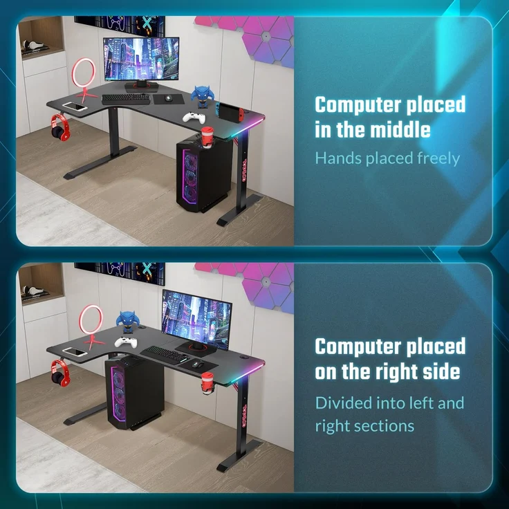 Todeco L-förmiger Gaming-Computertisch mit LED-Leuchten, Eckschreibtisch 140 x 100cm Gaming Schreibtisch, PC Tisch Gaming mit Kohlefaseroberfläche, mit Kopfhörerhaken Getränkehalter – Bild 3
