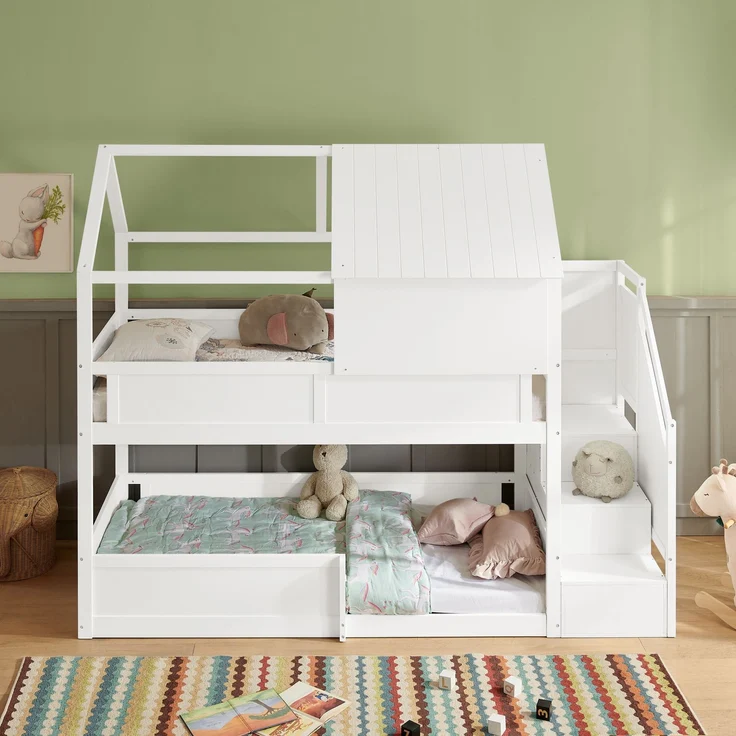 Etagenbett 80×200 cm mit Rausfallschutz und Treppe, Massivholz, Weiß, ohne Matratze – Bild 2