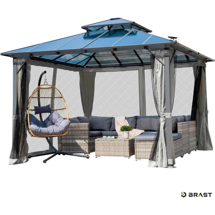 BRAST Pavillon Aluminium Pagode inkl. Moskitonetz, festes Dach, wasserdicht, stabil, UV-Schutz, 3,5x3,5 m, Hellgrau – Bild 9