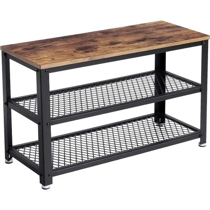 Vasagle Schuhbank mit 2 Ablagen, Holzspanplatten und Metall, vintagebraun-schwarz, 73 x 30 x 45 cm