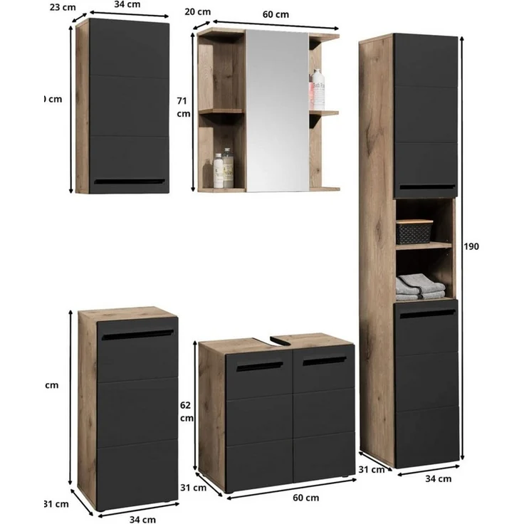 moebel-dich-auf Badezimmer-Set VALENCIA, (Hochschrank, Waschbeckenunterschrank, Spiegelschrank, Hängeschrank, Kommode, MDF-Fronten tiefgezogen, Korpus melaminbeschichtet) – Bild 4