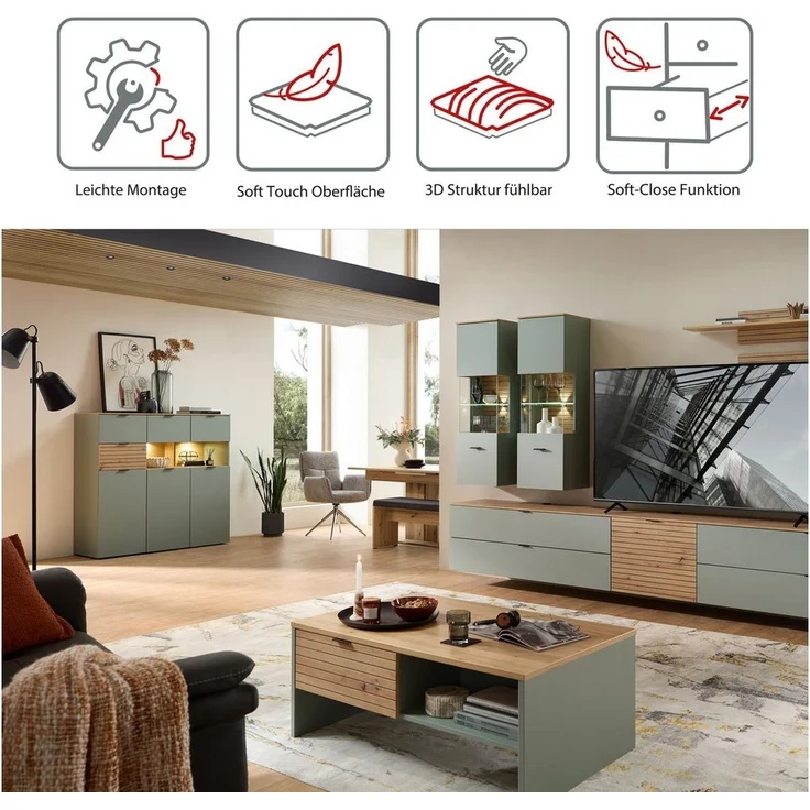 Stella Trading INA Highboard in Schilfgrün, Artisan Eiche Optik FSC-Zertifiziert - Moderner Wohnzimmerschrank mit Schubladen und LED-Beleuchtung - 125 x 125 x 45 cm (B/H/T) – Bild 2