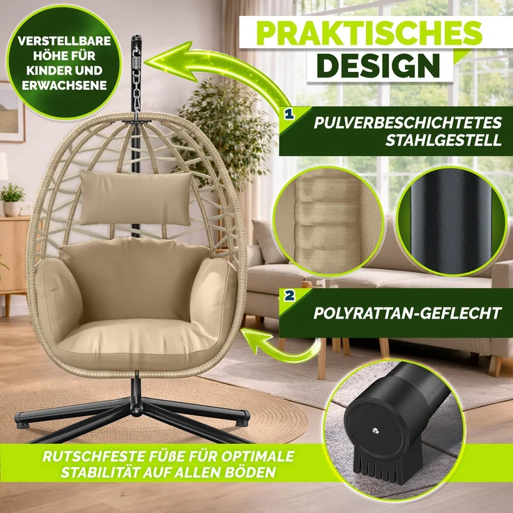 tillvex® Hängesessel mit Gestell Outdoor & wetterfester Abdeckung inkl. Befestigung | Hängekorb klappbar bis 150 kg | Hängesitz aus Rattan | Hängestuhl für Indoor Garten Balkon Terrasse – Bild 10