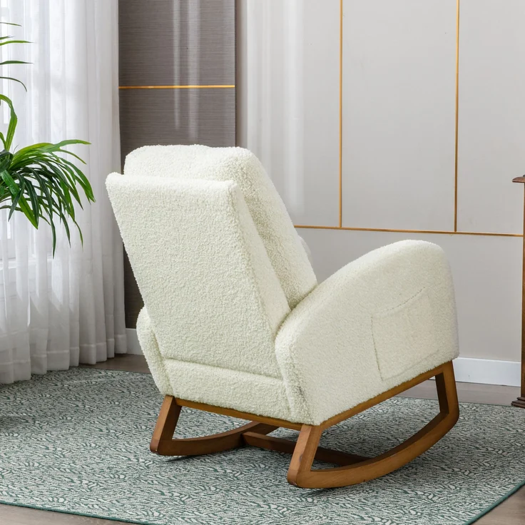 Mid-Century Schaukelstuhl Weiß aus Teddy, hohe Rückenlehne, 69x94x101 cm – Bild 5
