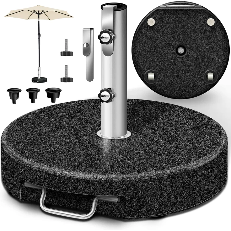 tillvex® Granit Sonnenschirmständer mit Rollen & Teleskopgriff Anthrazit - 27 kg Rund | Schirmständer Sonnenschirm mit Edelstahlrohr | Balkonschirmständer für Schirmstöcke 16-48 mm & 300 cm Schirmdurchmesser – Bild 1