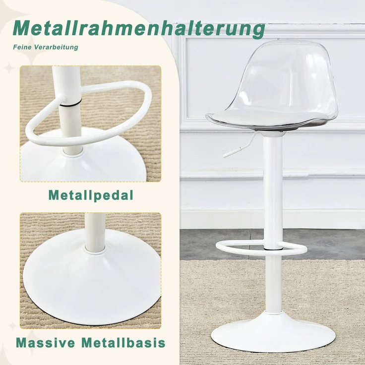 2-Pack verstellbarer Balkenstuhl: transparente Rückenlehne + weiße Metallbeine, höhenverstellbar von 82-104 cm, 360 ° Drehung.--Transparent, Weiß--40.5x40.5x50cm--YOUDENOVA – Bild 10