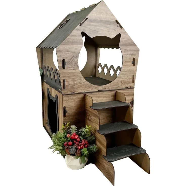 Jungengel Katzenliege XL Katzenhaus Katzenhäuschen Katzenhütte Katzenhöhle Katzenbett Holz, 2-Stöckig, Einfache Montage (mit Video), 68x42x35 cm, Stecksystem
