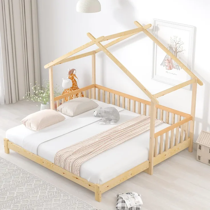 Ball & Cast Kinderbett (90x200 cm&180x200 cm) Tagesbett mit Fallschutz, Ausziehbares Hausbett, Doppelbett mit Lattenrost, Natur