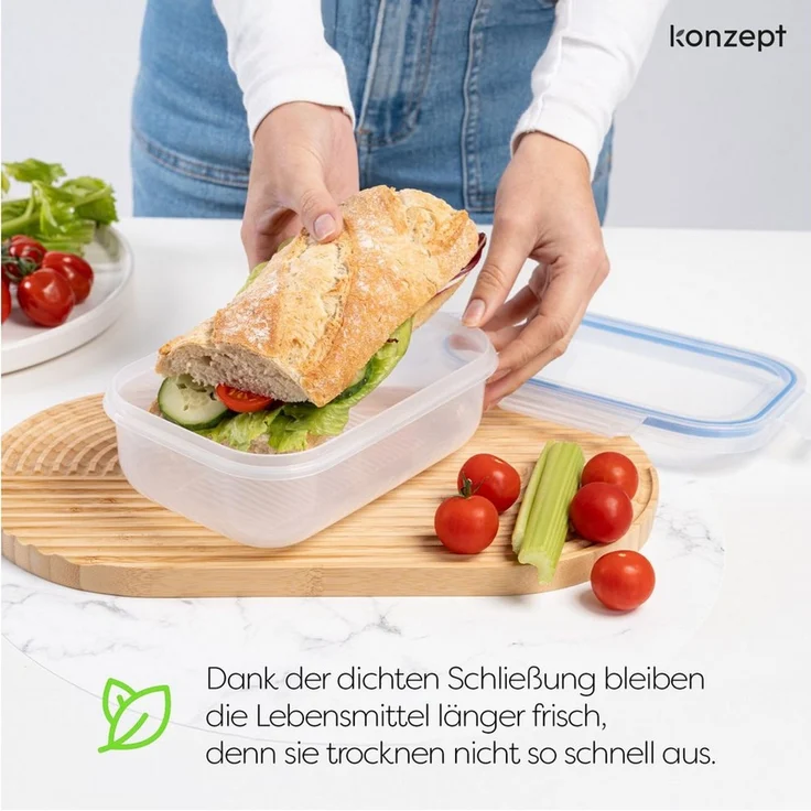 KONZEPT Frischhaltedose Set 1L mit Deckel,Kühlschrank Organizer Transparent, (6-tlg), Stapelbar, Lunchbox Auslaufsicher lebensmittelechtem Kunststoff – Bild 2