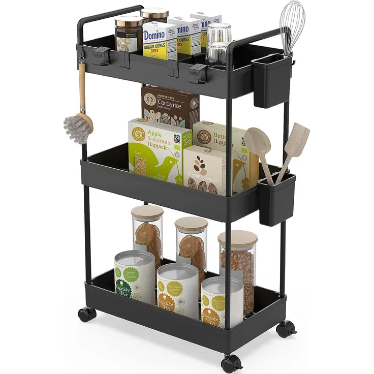 Ronlap Rollwagen Küchewagen mit 3 Ebenen, Servierwagen mit Aufhängebecher, Separator, Haken, Regal auf Rollen für Küche, Schlafzimmer, Büro, Schwarz