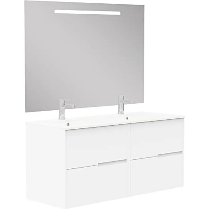 Baikal Gavin Badezimmermöbel mit Waschbecken und Spiegel mit LED-Beleuchtung, Vier Schubladen, Nebraska-Optik, Melamin 16, einfach zu montieren, 16 mm, weiß, 120 X 46 X 56