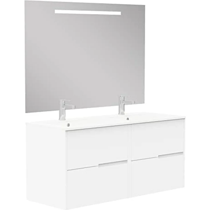 Baikal Gavin Badezimmermöbel mit Waschbecken und Spiegel mit LED-Beleuchtung, Vier Schubladen, Nebraska-Optik, Melamin 16, einfach zu montieren, 16 mm, weiß, 120 X 46 X 56 – Bild 1