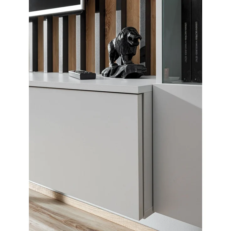 Wohnwand Verti mit Beleuchtung in Perla Gray und Artrisan mit Lamellenplatte 220 x 148 x 35 cm 3-teilig – Bild 5
