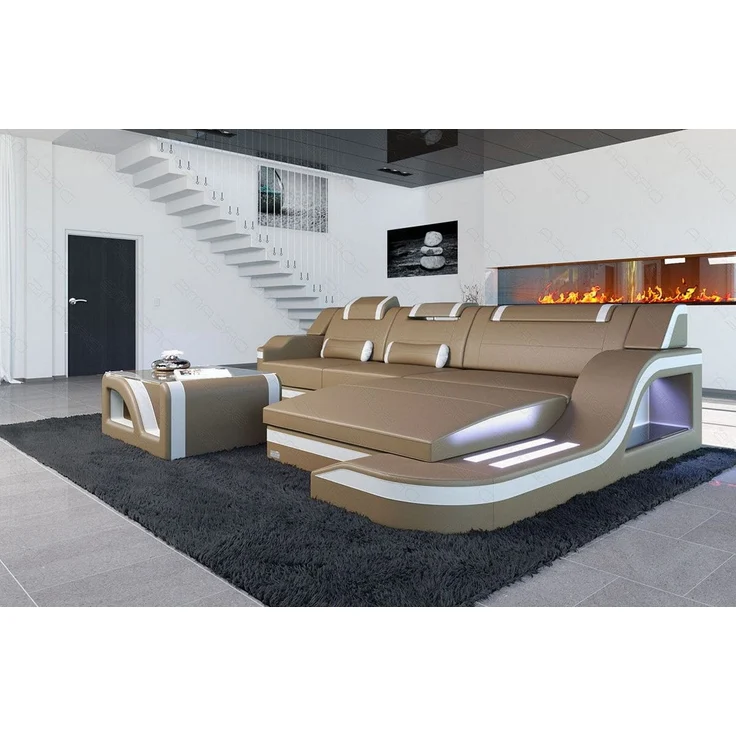Design Ledersofa Palermo L-Form mit LED - Büffelleder - sandbeige-weiß - Rechts – Bild 2