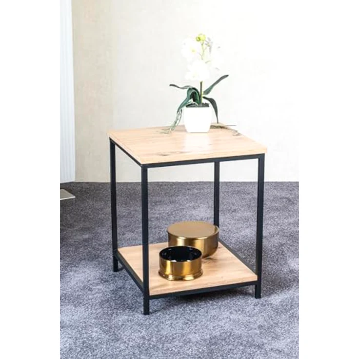 XXXL Beistelltisch, quadratisch, Schwarz mit offenem Fach, 40x50x40 cm, Metall und Eiche – Bild 4