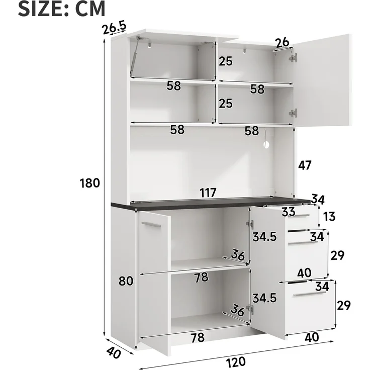 Buffetschränke, Esszimmer-Hochschrank 120×40×180 cm, mehrstufigem Stauraum, integrierter Steckdose sowie USB-C- und USB-A-Anschlüssen,Mit farbigem Lichtstreifen, Weiß – Bild 7