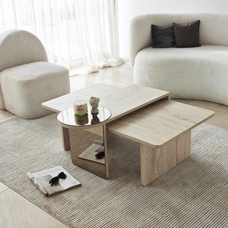 Skye Decor 'Luna 2 - Travertine' Couchtisch-Set, Travertin / Bronze, 105 x 35 x 60 cm