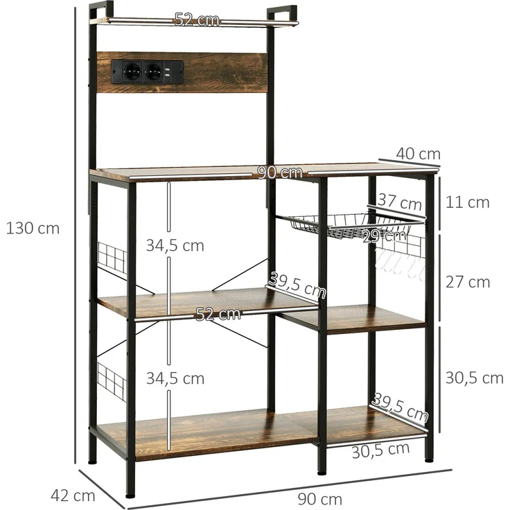 Küchenschrank mit integrierten Steckdosen für Mikrowellen und Regalen, im Industrial-Stil, 90 x 42 x 130 cm, braun – Bild 5