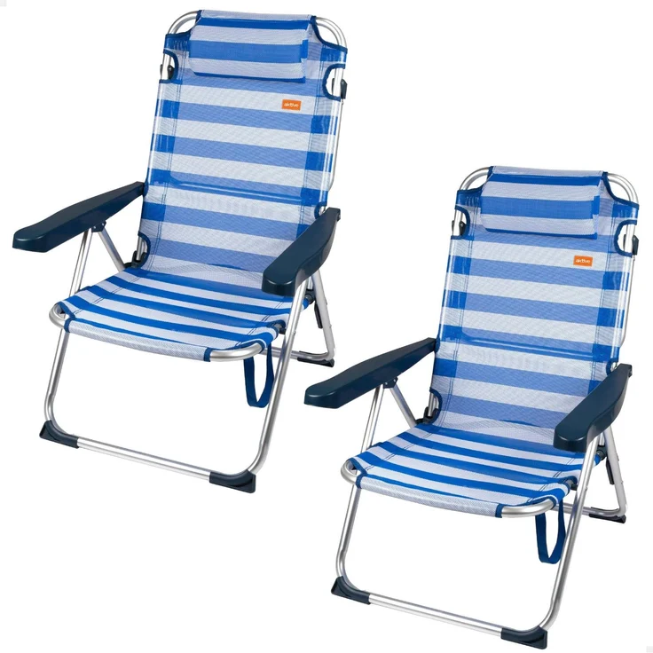 AKTIVE Set mit 2 Strandstühlen und Liegestühlen, 2-in-1, 48 x 60 x 90 cm, 5 Positionen, Gestell aus Aluminium, gepolstertes Kissen, Kippschutz, zusammenklappbar mit Tragegriff (85513)