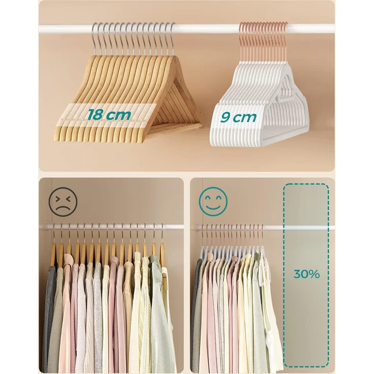 SONGMICS Kleiderbügel Samt, 50er Set, Bügel, rutschfest, kleine Stange für Krawatten, 360° drehbarer Haken, 0,6 cm dick, platzsparend, 43,5 cm lang, für Mäntel, Hosen, Roségold-Weiß CRF021W02 – Bild 5