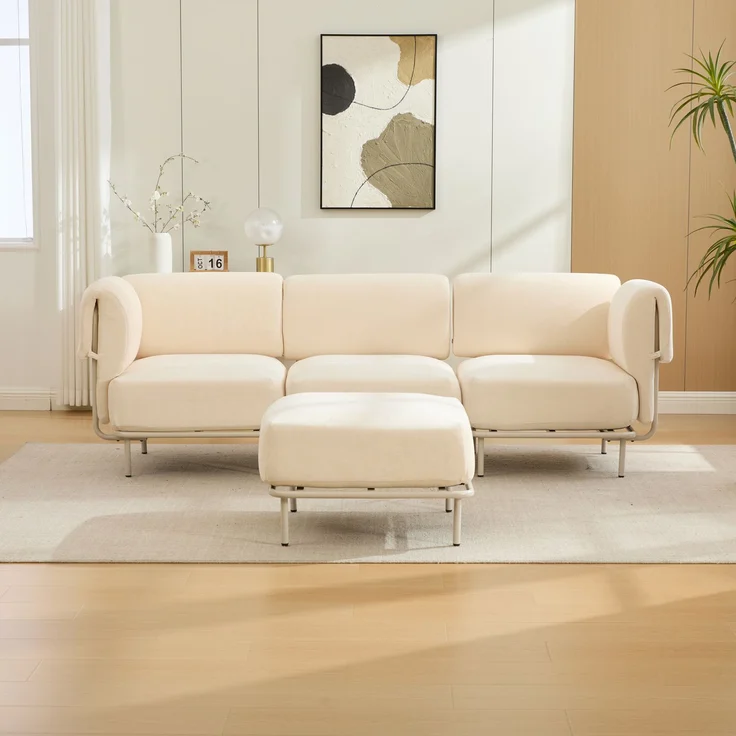 Modulares 3-Sitzer-Sofa mit Hocker, B 251 x T 155 x H 78 cm, beiger Chenille, flexibel kombinierbar – Bild 2