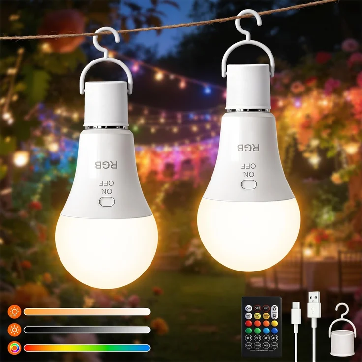 Ketom 2 Stück RGB Glühbirne mit Fernbedienung, USB Aufladbare Glühbirne E27 | Wiederaufladbare Glühbirne mit Timerfunktion, 3 Farben&Dimmbar, Tastensteuerung, 7W Akku Glühbirne, Lampenbirne Notlicht