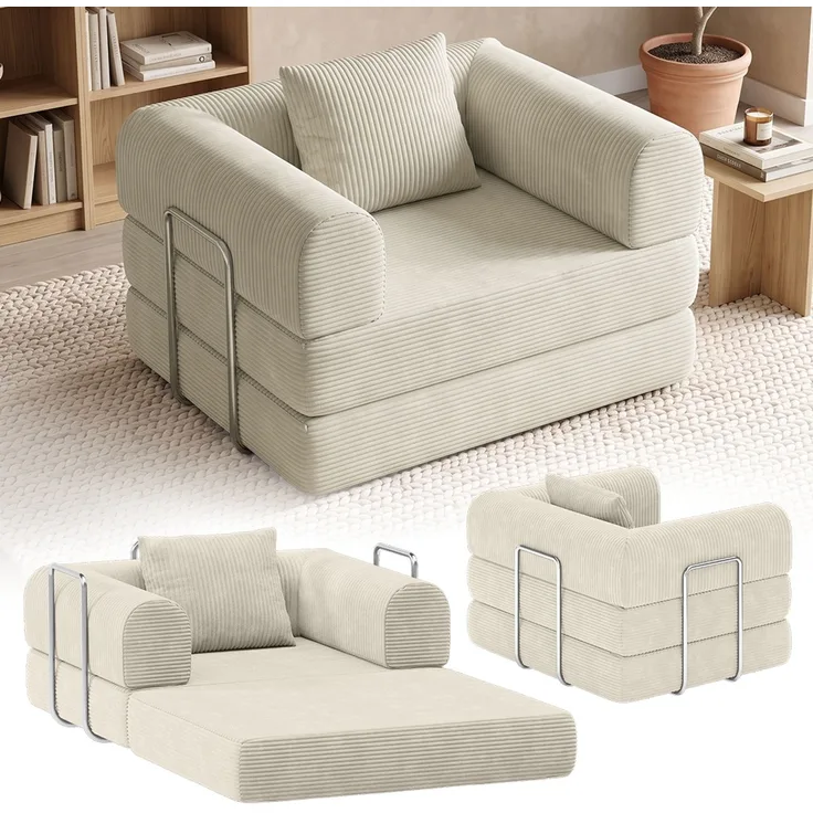 skølm 'Lofn' Modularer Sessel 1 Sitzer, 115x100 cm, Vollschaumcouch mit Metallgestell, Cord beige, Schlafsessel vakuumverpackt, kein Aufbau erforderlich