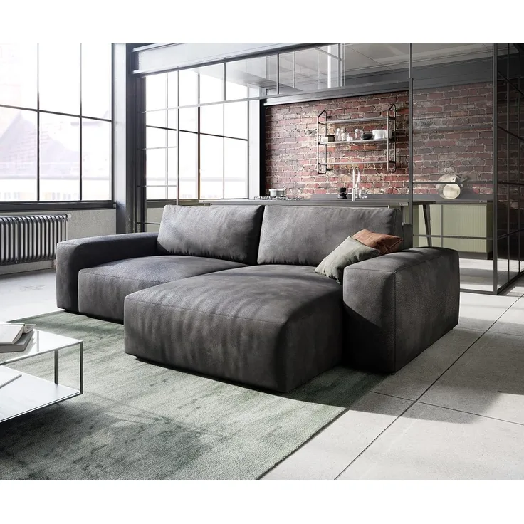Ecksofa Lanzo 230x155 cm Lederimitat Vintage Anthrazit Recamiere variabel