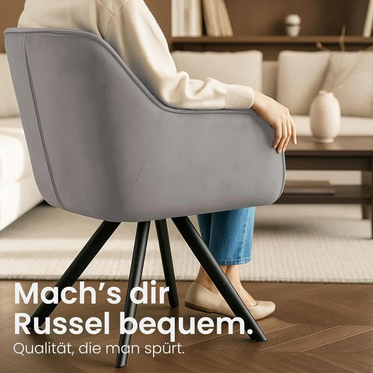 CLP Esszimmerstuhl drehbar mit Armlehne Russel, Küchenstuhl in Samt oder Stoff - Farbe:grau;Material:Samt – Bild 4