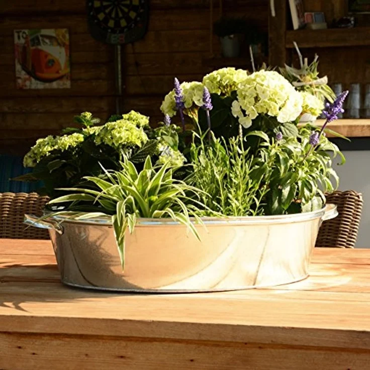 UNUS GARDEN Blumentopf Zinkübertopf mit Griffen – Pflanztopf in Wannenform aus Zink (1 St, 27 Liter Oval), zum Bepflanzen oder als Miniteich – Bild 2
