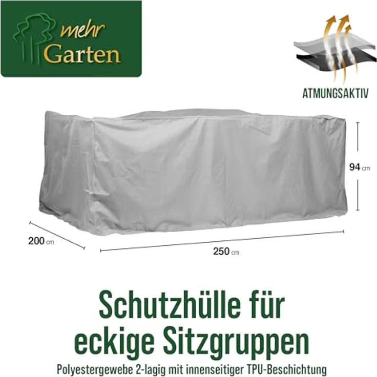 Mehr Garten Premium Protect Abdeckung für rechteckige Sitzgruppe, 250x200x94 cm, hellgrau, wasserdicht und UV-beständig, atmungsaktives 2-lagiges Polyestergewebe – Bild 2