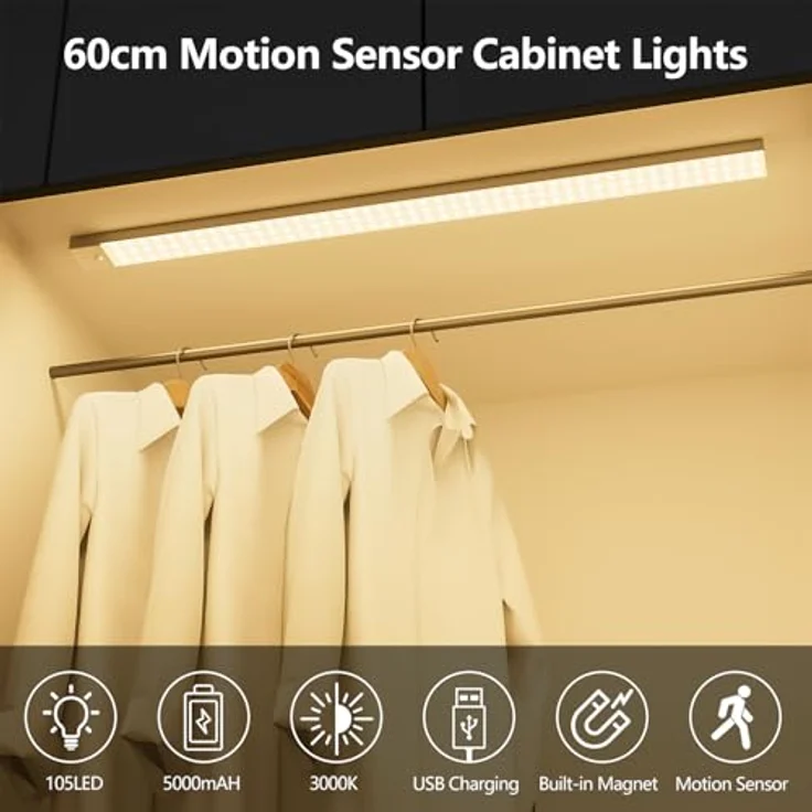 OUILA Unterbauleuchte Küche LED 2 Stück 60CM Schrankbeleuchtung Batterie 5000mAh USB Wiederaufladbar Magnetische Lampe Kabellos Schranklicht mit Bewegungsmelder für Schlafzimmer, Werkstatt (Warmweiß) – Bild 3