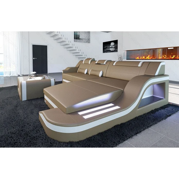 Design Ledersofa Palermo L-Form mit LED - Büffelleder - sandbeige-weiß - Rechts – Bild 3