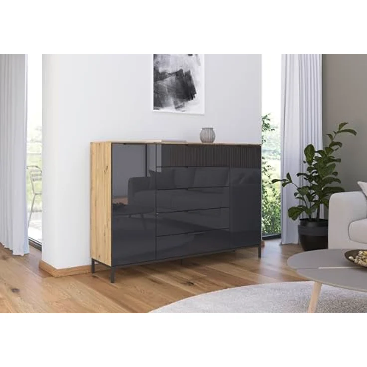 Rauch Möbel Flipp, Nachttisch für Schlafzimmer, Garderobe, 2-türig, 5 Schubladen, mit Softclose-Funktion, Griffe und Metallkufe Graphit, Farbe Eiche Artisan, Holz/Glas Basalt, Schwarz, Breite 160 cm – Bild 3
