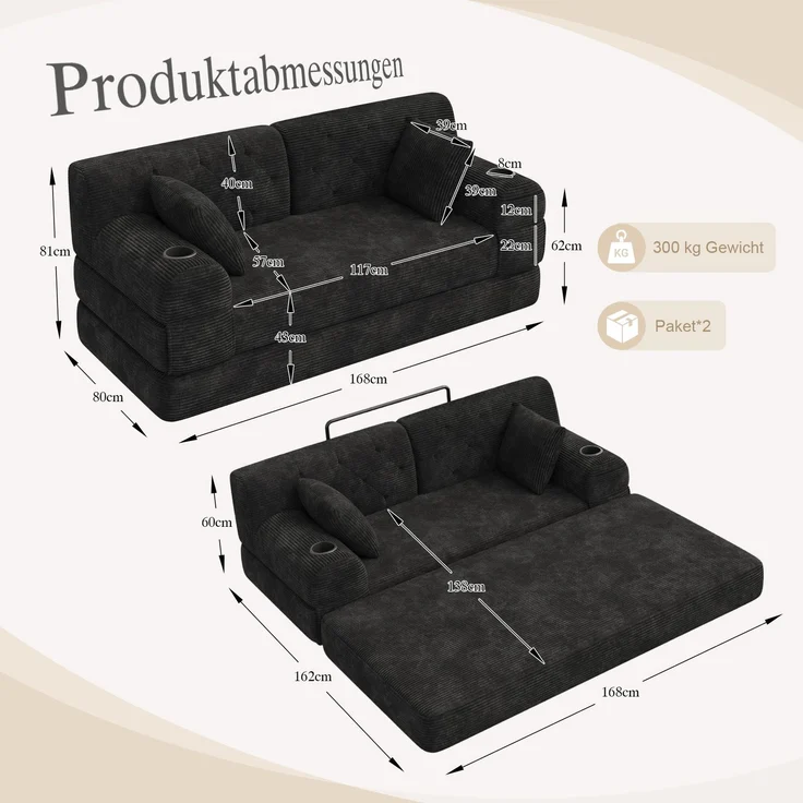 TavilaEcon 2-Sitzer Schlafsofa, komprimiertes Cord Sofa mit hoher Rückenlehne schwarz 81 × 80 × 168 cm (H × T × B) – Bild 2