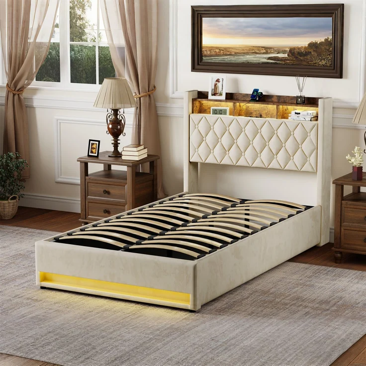 Polsterbett aus Stoff mit Lattenrost, schlichtes Design, ohne Matratze, 140x190 cm, Beige – Bild 5