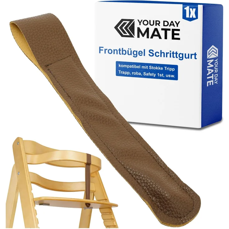 Hochstuhl Schrittgurt, 1 Stück, Braun, PU Leder, für viele Hochstühle mit klassischem Frontbügel, kompatibel mit Stokke Tripp Trapp, roba Sit Up, Safety 1st, Kinderkraft