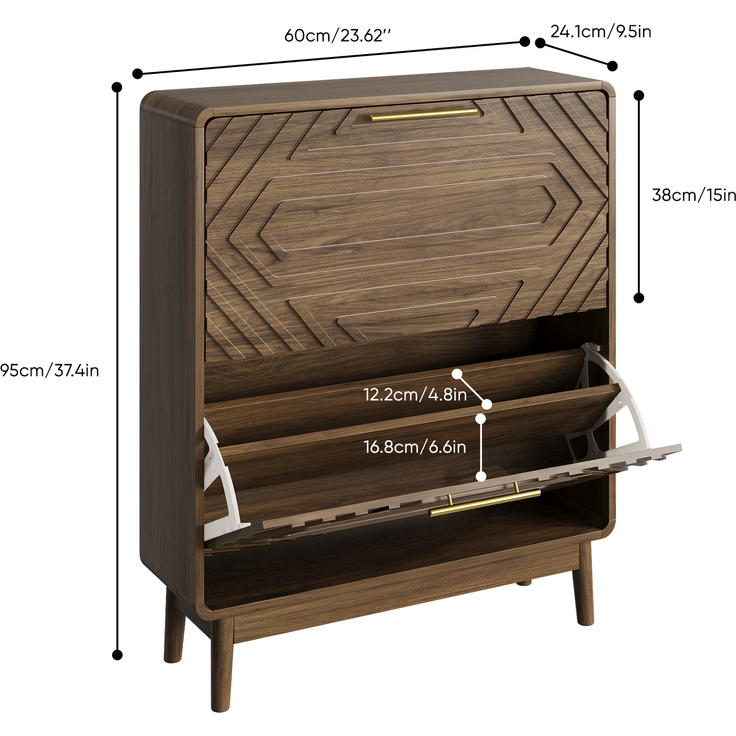 Schuhschrank in Walnussoptik mit 2 Klappfächern, offenem Fach und Kippschutz,95x60x24 cm – Bild 4