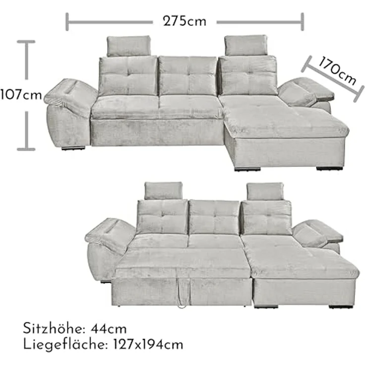 Stella Trading ALIJA Ecksofa mit Schlaffunktion in Silber-Moderne Eckcouch mit Bettkasten und verstellbaren Armlehnen, Holzwerkstoff, Rechts – Bild 3