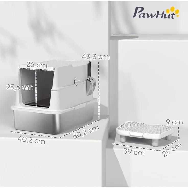 Katzentoilette 60,2 x 40,2 x 43,3 cm aus Edelstahl mit Deckel und XL-Innenraum, Hellgrau – Bild 2