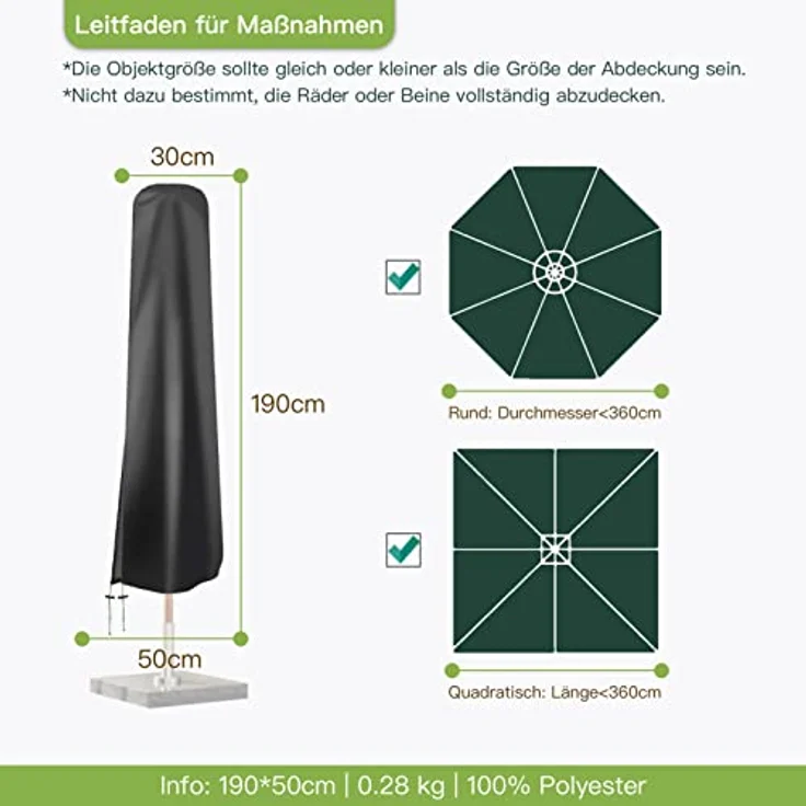 Awnic Schutzhülle Sonnenschirm 3m, Sonnenschirm Schutzhülle bis zu Ø360cm, 420D Oxford Abdeckhauben Sonnenschirm Wasserdicht, Wetterfeste, UV-Beständiges, Schutzhülle für Sonnenschirme 190×30/40/50cm – Bild 3