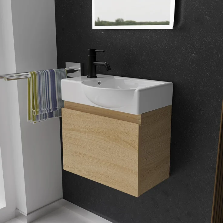 Alpenberger Badmöbel-Set - Gäste WC Waschbecken mit Unterschrank 45 cm Breit, (Badschrank 2-tlg, Waschtisch hängend), Waschbeckenunterschrank mit Softclose - Eiche Hell - Rechts Becken – Bild 1