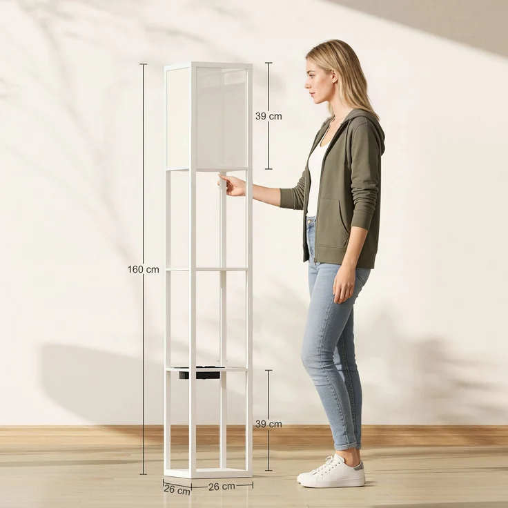 JARDJ Stehlampe mit Ablagen, dimmbarem Licht, Fußschalter und USB-Anschlüssen, Weiß – Bild 5