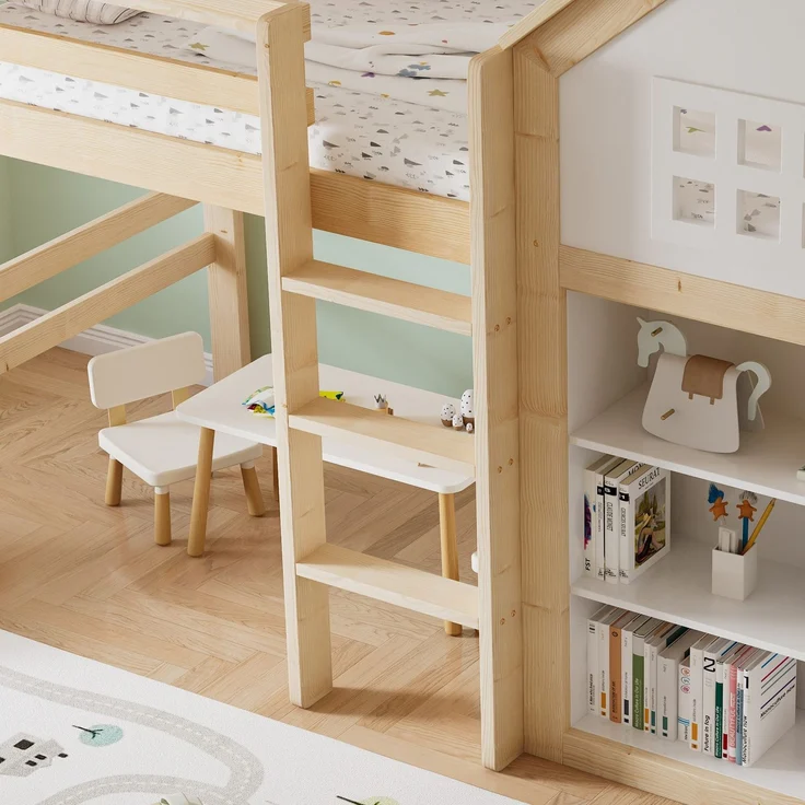 Hochbett mit Bücherregal, Stauraum, Lattenrost und Leiter, 90x200 cm, Schrank mit 2 Klappen und 1 Schublade, Kinderbett mit Rausfallschutz, Kiefer – Bild 5