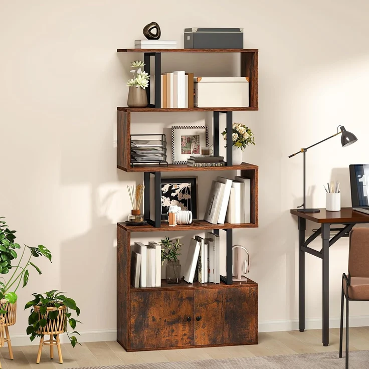 YITAHOME Bücherregal, Industrielles Standregal mit Türen, Regal aus Holz und Metall, Hohes, bodenstehendes Regal, Ausstellungsschrank für Schlafzimmer, Wohnzimmer, Heimbüro, Vintagebraun – Bild 1
