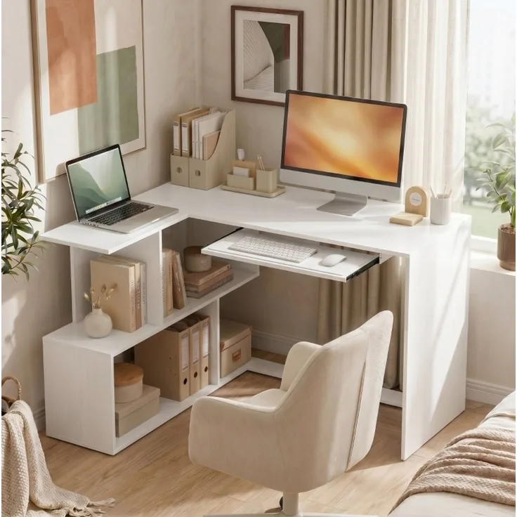 Eckschreibtisch mit Tastaturauszug und 4 Ablagefächern, 120x100x76 cm, Weiß
