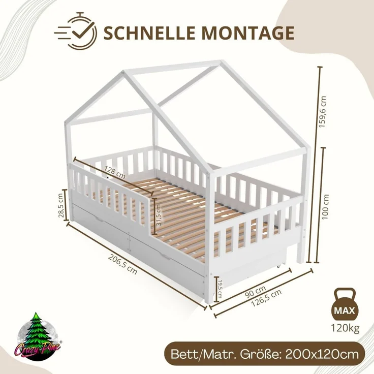 Crazy Pine 'Crazy House' Hausbett mit abnehmbaren Rausfallschutz, Naturholz, Weiß, 120x200 cm, mit Schubladen – Bild 2
