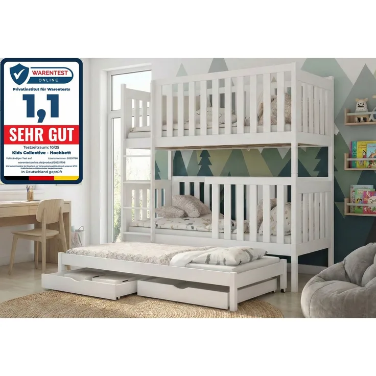 Kids Collective Etagenbett Kinderbett Hochbett 80x180, 90x200 cm mit Ausziehbett Lattenrost, Ausziehfunktion 2 Schubladen extra hoher Rausfallschutz 90x200 cm