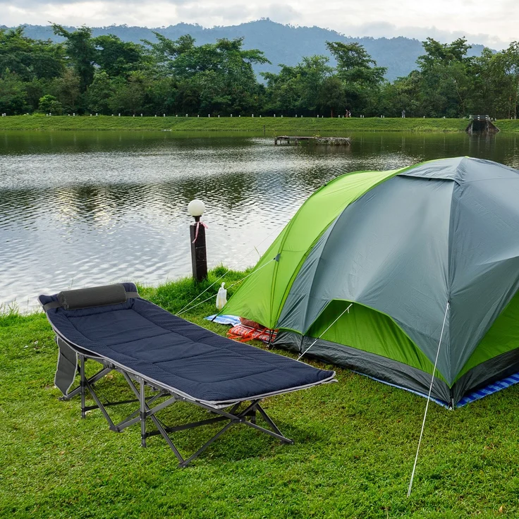 Campingbett, klappbares Feldbett mit Kopfkissen, 188 x 64,5 x 53 cm, Dunkelblau+Grau--Dunkelblau+Grau--53x64.5x188cm--YOUDENOVA – Bild 3