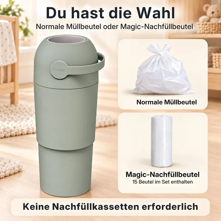 Set Magic Windeleimer, Abfalleimer mit Geruchsstopp, ohne Kassette + Windel | Hygienischer Mülleimer Geruchsdicht für Windeln ohne Kassette, Hygieneeimer für Windelentsorgung, Bad, Kinderzimmer, Küche – Bild 4